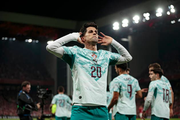 Joao Cancelo seen celebrating after scoring goal during UEFA Nations League Division A game between National Teams of Denmark and Portugal (Ernest Kolodziej Ball Raw Images) Copenhagen Parken Denmark Copyright: xErnestxKolodziejx ernestkolodziej_denmark_portugal_2627-23