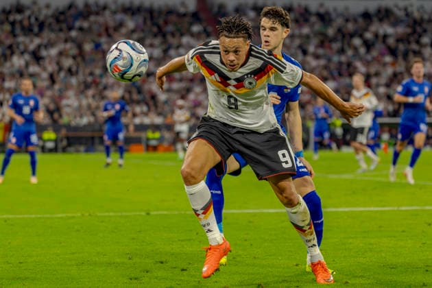 Munich, Germany October 1, 2026 UEFA Nations League 2026–2027 League Phase Group A2 Match 3 Germany vs. Serbia Pictured: Derry Scherhant (GER) and Kosta Nedelikovic (SRB) DFB and DFL regulations prohibit any use of photographs as image sequences and or quasi-video Allianz Arena Bavaria Copyright: xFotostandx xSchäferx