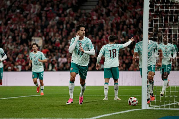 Joao Cancelo seen celebrating after scoring goal during UEFA Nations League Division A game between National Teams of Denmark and Portugal (Ernest Kolodziej Ball Raw Images) Copenhagen Parken Denmark Copyright: xErnestxKolodziejx ernestkolodziej_denmark_portugal_2627