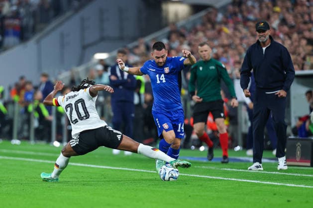 October 1, 2026, GER, Soccer, Men s, UEFA Nations League International Friendly, League A, Matchday 3, Germany vs. Serbia: Serge Gnabry (Germany 20), left; Andrija Zivkovic (Serbia 14), right. DFB and DFL regulations prohibit any use of photographs as image sequences and or quasi-video. Munich, Allianz Arena, Bayern, Germany Copyright: xNordphoto Schneiderx
