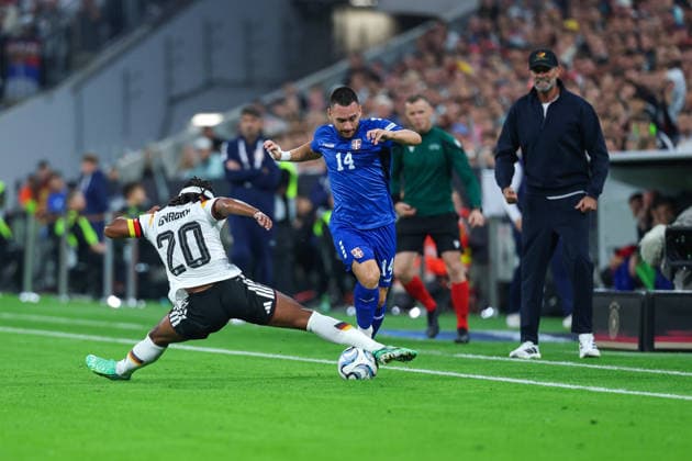 October 1, 2026, GER, Soccer, Men s, UEFA Nations League International Friendly, League A, Matchday 3, Germany vs. Serbia: Serge Gnabry (Germany 20), left; Andrija Zivkovic (Serbia 14), right. DFB and DFL regulations prohibit any use of photographs as image sequences and or quasi-video. Munich, Allianz Arena, Bayern, Germany Copyright: xNordphoto Schneiderx