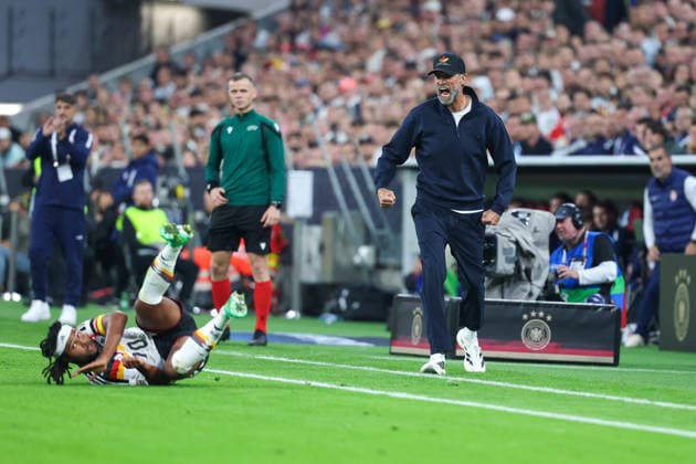 October 1, 2026, GER, Soccer, Men s, UEFA Nations League International Match, League A, Matchday 3, Germany vs. Serbia Jürgen Klopp, head coach of Germany, celebrates Serge Gnabry’s successful tackle Germany 20 DFB DFL regulations prohibit any use of photographs as image sequences and or quasi-video Munich Allianz Arena Bavaria Germany Copyright: xNordphoto Schneiderx