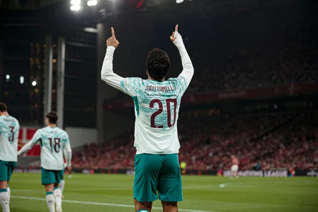 Joao Cancelo seen celebrating after scoring goal during UEFA Nations League Division A game between National Teams of Denmark and Portugal (Ernest Kolodziej Ball Raw Images) Copenhagen Parken Denmark Copyright: xErnestxKolodziejx ernestkolodziej_denmark_portugal_2627-26