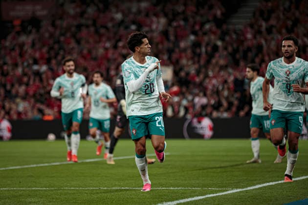 Joao Cancelo seen celebrating after scoring goal during UEFA Nations League Division A game between National Teams of Denmark and Portugal (Ernest Kolodziej Ball Raw Images) Copenhagen Parken Denmark Copyright: xErnestxKolodziejx ernestkolodziej_denmark_portugal_2627-3