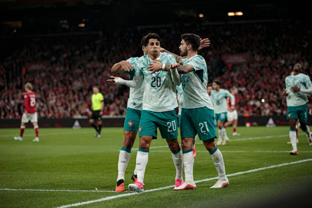 Ruben Neves and Joao Cancelo seen celebrating after scoring goal during UEFA Nations League Division A game between National Teams of Denmark and Portugal (Ernest Kolodziej Ball Raw Images) Copenhagen Parken Denmark Copyright: xErnestxKolodziejx ernestkolodziej_denmark_portugal_2627-8