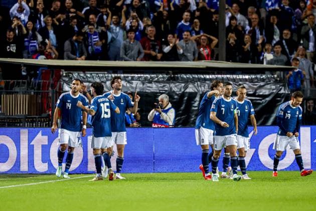 THESSALONIKI - Fotis Ioannidis of Greece celebrates his team s first goal with his teammates during the UEFA Nations League match between Greece and the Netherlands at the Toumba Stadium on 1 October 2026 in Thessaloniki, Greece. MARCEL TER BALS ANP UEFA Nations League 2026 27 xVIxANPxSportx xMarcelxterxBalsxIVx 571092058 originalFilename: 571092058