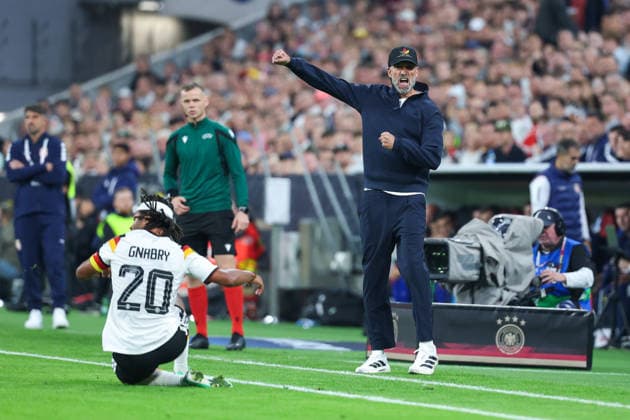 October 1, 2026, GER, Soccer, Men s, UEFA Nations League International Match, League A, Matchday 3, Germany vs. Serbia Jürgen Klopp, head coach of Germany, celebrates Serge Gnabry’s successful tackle Germany 20 DFB DFL regulations prohibit any use of photographs as image sequences and or quasi-video Munich Allianz Arena Bayern Germany Copyright: xNordphoto Schneiderx