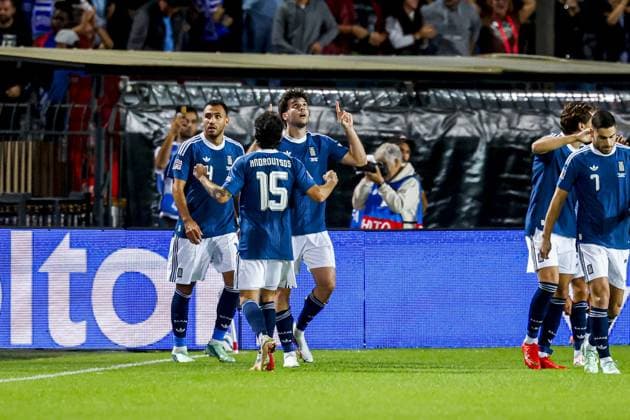 THESSALONIKI - Fotis Ioannidis of Greece celebrates his team s first goal with his teammates during the UEFA Nations League match between Greece and the Netherlands at the Toumba Stadium on 1 October 2026 in Thessaloniki, Greece. MARCEL TER BALS ANP UEFA Nations League 2026 27 xVIxANPxSportx xMarcelxterxBalsxIVx 571092071 originalFilename: 571092071.jpg