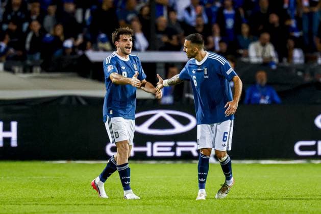 THESSALONIKI - Fotis Ioannidis of Greece celebrates his team s first goal with Dimitris Kourbelis of Greece during the UEFA Nations League match between Greece and the Netherlands at the Toumba Stadium on 1 October 2026 in Thessaloniki, Greece. MARCEL TER BALS ANP UEFA Nations League 2026 27 xVIxANPxSportx xMarcelxterxBalsxIVx 571092127 originalFilename: 571092127