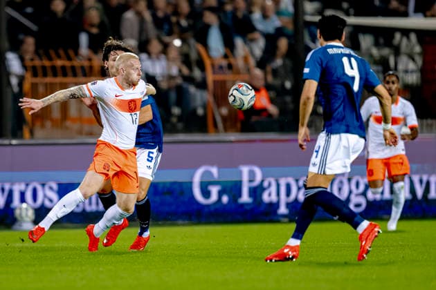 THESSALONIKI: Netherlands forward Mexx Meerdink during the UEFA Nations League match between Greece and the Netherlands at Toumba Stadium on October 1, 2026, in Thessaloniki, Greece. Photo by DeFodi Images