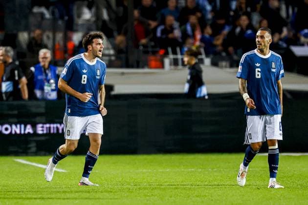 THESSALONIKI - Fotis Ioannidis of Greece celebrates his team s first goal with Dimitris Kourbelis of Greece during the UEFA Nations League match between Greece and the Netherlands at the Toumba Stadium on 1 October 2026 in Thessaloniki, Greece. MARCEL TER BALS ANP UEFA Nations League 2026 27 xVIxANPxSportx xMarcelxterxBalsxIVx 571092111 originalFilename: 571092111