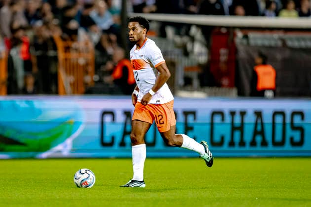 Thessaloniki, Greece: Dutch defender Jurriën Timber during the UEFA Nations League match between Greece and the Netherlands at Toumba Stadium on October 1, 2026, in Thessaloniki, Greece. Photo by DeFodi Images