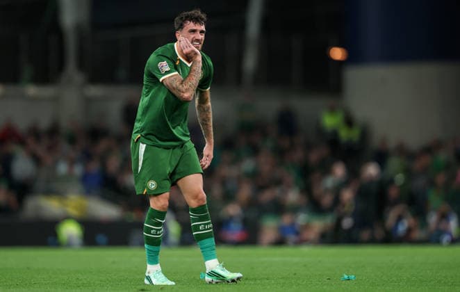UEFA Nations League Group Stage, Aviva Stadium, Dublin 1 10 2026 Republic of Ireland vs Austria Troy Parrott of Ireland reacts after a challenge Troy Parrott reacts after a challenge 1 10 2026  Copyright: xx NE1L5191