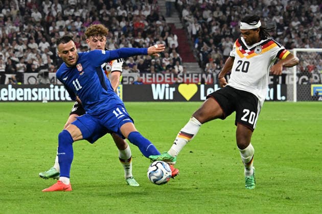 October 1, 2026, xsltx, Soccer UEFA Nations League, Germany vs. Serbia, Filip Kostic (Serbia), Philipp Treu (Germany), German National Soccer Team (DFB), Serge Gnabry (German National Soccer Team, DFB), tackle, action, battle for the ball, Munich