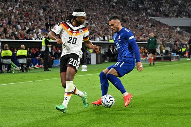 October 1, 2026, xsltx, Soccer UEFA Nations League, Germany vs. Serbia, Serge Gnabry, German National Soccer Team (DFB), Filip Kostic, Serbia, tackle, action, battle for the ball, Munich