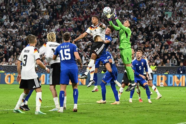 October 1, 2026, xsltx, Soccer, UEFA Nations League, Germany vs. Serbia, Malick Thiaw, German National Soccer Team (DFB), Stefan Dzodic, Serbia, Djordje Petrovic, Serbia, Tackle, Action, Battle for the Ball, Munich