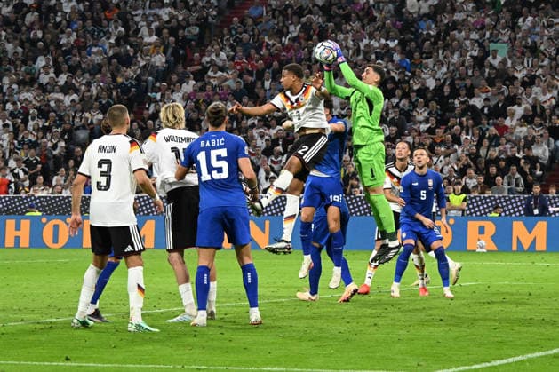 October 1, 2026, xsltx, Soccer, UEFA Nations League, Germany vs. Serbia, Malick Thiaw, German National Soccer Team (DFB), Stefan Dzodic, Serbia, Djordje Petrovic, Serbia, Tackle, Action, Battle for the Ball, Munich