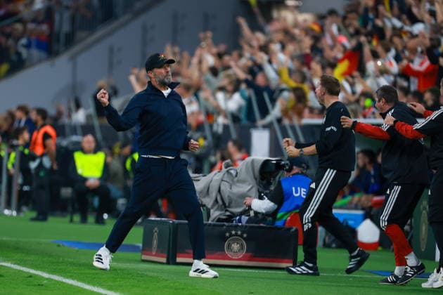 UEFA Nations League, Matchday 26–27: Germany vs. Serbia on October 1, 2026, at the Allianz Arena in Munich. Coach Jürgen Klopp. Germany celebrates after scoring the 1–0 goal. MH
