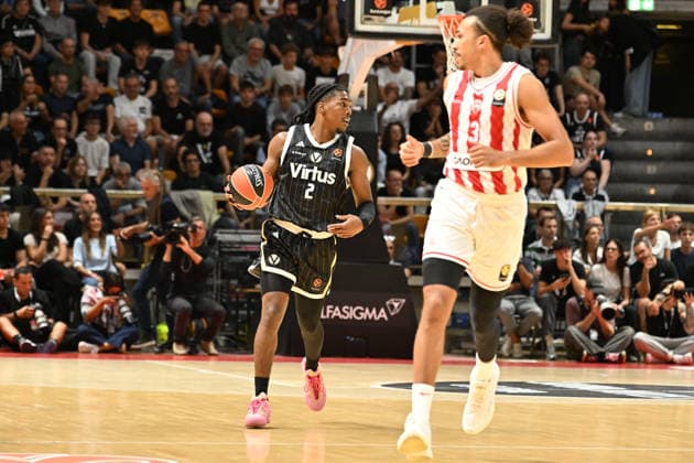 Virtus Bologna v Olympiacos Piraeus - Euroleague 2026 2027 Marcus Carr of Virtus Bologna carries the ball during the EuroLeague Basketball Championship 2026 2027, Matchday 3 of the regular season, between Virtus Bologna and Olympiacos Piraeus at PalaDozza in Bologna, Italy, on October 1, 2026. Bologna Italy  Copyright: xRobertoxTommasinix originalFilename:tommasini-virtusbo261001_npcs6.jpg