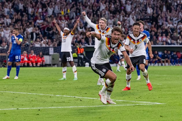 Tom Bischof, Germany, No. 8, celebrates his goal to make it 1–0 for Germany, Germany vs. Serbia, soccer, UEFA Nations League, League A group stage, Matchday 3, 2026–2027 season, October 1, 2026 DFL and DFB regulations prohibit any use of photographs as image sequences and or quasi-video. Photo: HMB Media, Heike Feiner Copyright: HMBxMedia HeikexFeiner