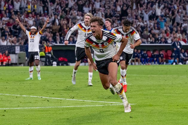Tom Bischof, Germany, No. 8, celebrates his goal to make it 1–0 for Germany, Germany vs. Serbia, soccer, UEFA Nations League, League A group stage, Matchday 3, 2026–2027 season, October 1, 2026 DFL and DFB regulations prohibit any use of photographs as image sequences and or quasi-video. Photo: HMB Media, Heike Feiner Copyright: HMBxMedia HeikexFeiner