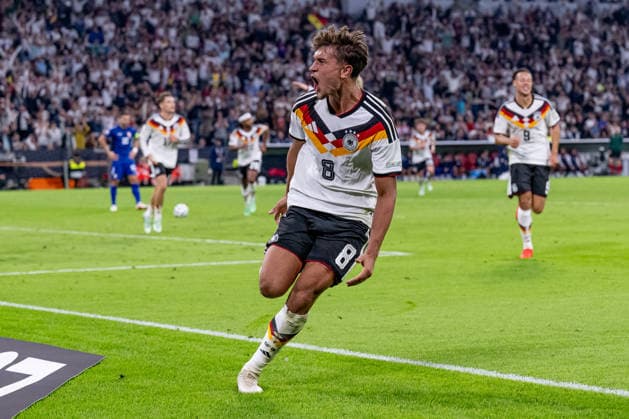 Tom Bischof, Germany, No. 8, celebrates his goal to make it 1–0 for Germany, Germany vs. Serbia, soccer, UEFA Nations League, League A group stage, Matchday 3, 2026–2027 season, October 1, 2026 DFL and DFB regulations prohibit any use of photographs as image sequences and or quasi-video. Photo: HMB Media, Heike Feiner Copyright: HMBxMedia HeikexFeiner