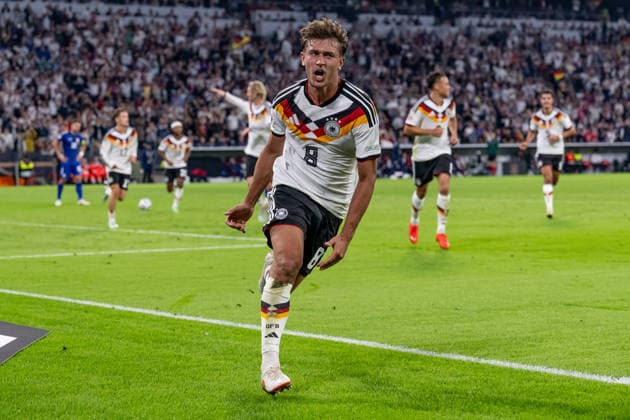 Tom Bischof, Germany, No. 8, celebrates his goal to make it 1–0 for Germany, Germany vs. Serbia, soccer, UEFA Nations League, League A group stage, Matchday 3, 2026–2027 season, October 1, 2026 DFL and DFB regulations prohibit any use of photographs as image sequences and or quasi-video. Photo: HMB Media, Heike Feiner Copyright: HMBxMedia HeikexFeiner