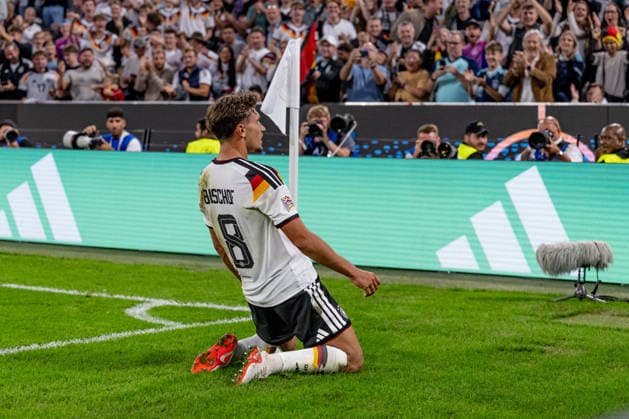 Tom Bischof, Germany, No. 8, celebrates his goal to make it 1–0 for Germany, Germany vs. Serbia, soccer, UEFA Nations League, League A group stage, Matchday 3, 2026–2027 season, October 1, 2026 DFL and DFB regulations prohibit any use of photographs as image sequences and or quasi-video. Photo: HMB Media, Heike Feiner Copyright: HMBxMedia HeikexFeiner