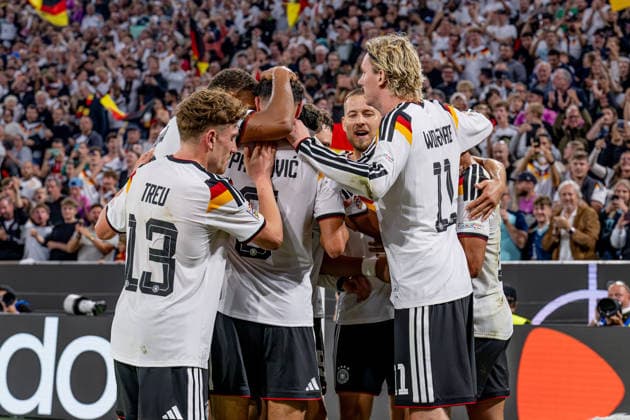 The German players celebrate with Tom Bischof after his goal made it 1–0 for Germany, Germany vs. Serbia, soccer, UEFA Nations League, League A group stage, Matchday 3, 2026–2027 season, October 1, 2026 DFL DFB regulations prohibit any use of photographs as image sequences and or quasi-video. Photo: HMB Media, Heike Feiner Copyright: HMBxMedia HeikexFeiner