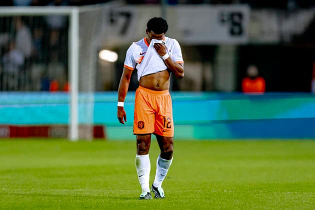 THESSALONIKI: Netherlands defender Jurriën Timber is disappointed after conceding a goal during the UEFA Nations League match between Greece and the Netherlands at Toumba Stadium on October 1, 2026, in Thessaloniki, Greece. Photo by DeFodi Images