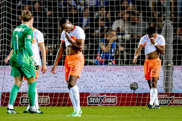 THESSALONIKI: Netherlands defender Jurriën Timber is disappointed by the goal during the UEFA Nations League match between Greece and the Netherlands at Toumba Stadium on October 1, 2026, in Thessaloniki, Greece. Photo by DeFodi Images