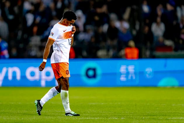 THESSALONIKI: Netherlands defender Jurriën Timber is disappointed by the goal during the UEFA Nations League match between Greece and the Netherlands at Toumba Stadium on October 1, 2026, in Thessaloniki, Greece. Photo by DeFodi Images