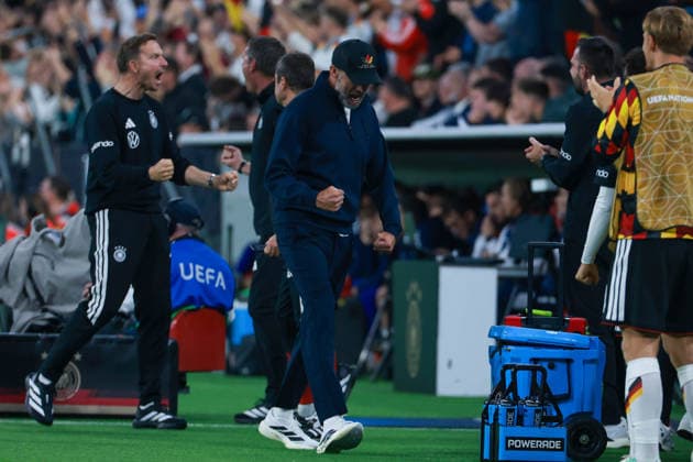 UEFA Nations League, Matchday 26–27: Germany vs. Serbia on October 1, 2026, at the Allianz Arena in Munich. Coach Jürgen Klopp. Germany celebrates after scoring the 1–0 goal. MH