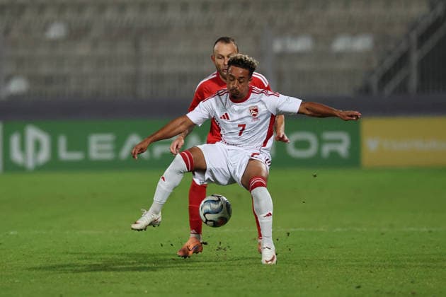 Carlos Richards of Gibraltar is in action during the the UEFA Nations League, League D, Group D1 match between Malta and Gibraltar at the National Stadium, in Ta Qali, Malta, on 01 October, 2026. UEFA Nations League, League D, Group D1 Qualifying; UEFA Nations League;