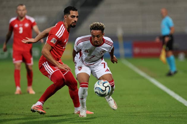 Carlos Richards (right) of Gibraltar is in action against Ilyas Chouaref of Malta during the the UEFA Nations League, League D, Group D1 match between Malta and Gibraltar at the National Stadium, in Ta Qali, Malta, on 01 October, 2026. UEFA Nations League, League D, Group D1 Qualifying; UEFA Nations League;