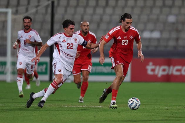 Alexander Satariano (right) of Malta is in action against Graeme Torrilla of Gibraltar during the during the the UEFA Nations League, League D, Group D1 match between Malta and Gibraltar at the National Stadium, in Ta Qali, Malta, on 01 October, 2026. UEFA Nations League, League D, Group D1 Qualifying; UEFA Nations League;