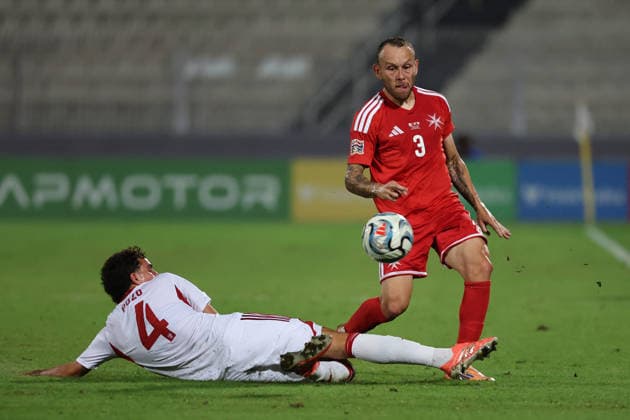Ryan Camenzuli (right) of Malta is in action against Nicholas Pozo of Gibraltar the UEFA Nations League, League D, Group D1 match between Malta and Gibraltar at the National Stadium, in Ta Qali, Malta, on 01 October, 2026. UEFA Nations League, League D, Group D1 Qualifying; UEFA Nations League;