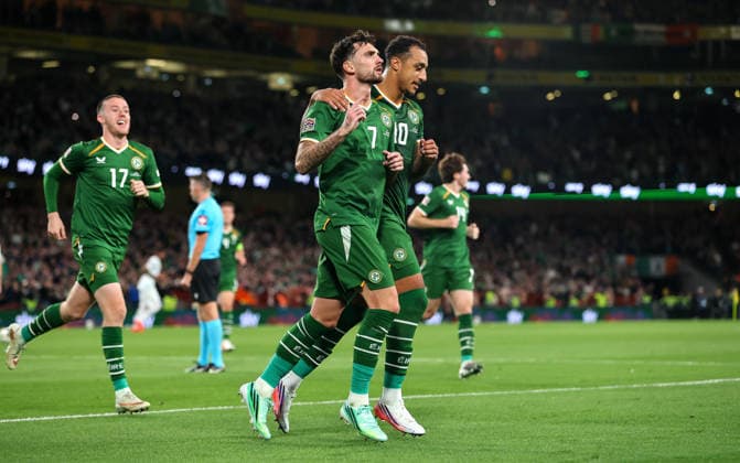 UEFA Nations League Group Stage, Aviva Stadium, Dublin 1 10 2026 Republic of Ireland vs Austria Ireland s Troy Parrott celebrates scoring his sides second goal from a penalty kick with Adam Idah Troy Parrott celebrates scoring his sides second goal from a penalty kick with Adam Idah 1 10 2026  Copyright: xx RB2_7686_1