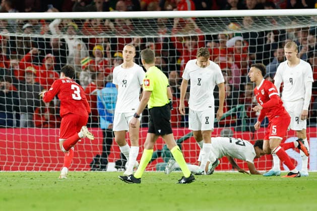 Cardiff, Wales, 1st October 2026. Neco Williams of Wales celebrates after scoring a goal to make it 2-1 during the Wales vs Norway UEFA Nations League match at the Cardiff City Stadium, Cardiff. Picture credit should read: Cody Froggatt Sportimage EDITORIAL USE ONLY. No use with unauthorised audio, video, data, fixture lists, club league logos or live services. Online in-match use limited to 120 images, no video emulation. No use in betting, games or single club league player publications. SPI_078_CF_WALES_NORWAY SPI-5050-0078