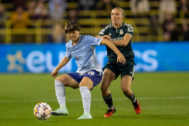 RECORD DATE NOT STATED 1st October 2026; Joie Stadium, Manchester, England; UEFA Womens Champions League Football, Manchester City versus Real Madrid; Aoba Fujino of Manchester City Women is tackled by Elisa Senb of Real Madrid Femenino TimxWilliams