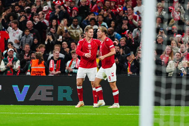 Denmark Celebrates Goal to Tie the Score at 2–2 by Rasmus Hojlund, Denmark, 09 DEN, Denmark vs. Portugal, Soccer, UEFA Nations League A, Group 4, Matchday 3, 2026–2027 Season, October 1, 2026, DEN, Denmark vs. Portugal, Soccer, UEFA Nations League A, Group 4, Matchday 3, 2026–2027 Season, October 1, 2026, Copenhagen Copyright: xEibner-Pressefoto MarcelxvonxFehrnx EP_MFN