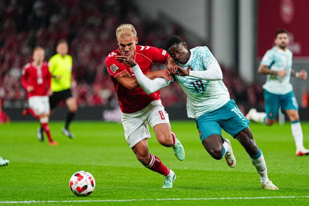 Adam Daghim, Denmark, 08; Nuno Mendes, Portugal, 19; DEN, Denmark vs. Portugal, Soccer, UEFA Nations League A, Group 4, Matchday 03, 2026–2027 Season, October 1, 2026, DEN, Denmark vs. Portugal, Soccer, UEFA Nations League A, Group 4, Matchday 3, 2026–2027 Season, October 1, 2026, Copenhagen Copyright: xEibner-Pressefoto MarcelxvonxFehrnx EP_MFN