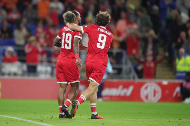 Wales v Norway, UEFA Nations League Lewis Koumas of Wales celebrates assist by Sorba Thomas of Wales during the UEFA Nations League match between Wales and Norway at Millenium Stadium, Cardiff, UK on 1 October 2026. Cardiff Millenium Stadium Wales UK Editorial use only , Copyright: xAlunxRobertsx PSI-24949-0056
