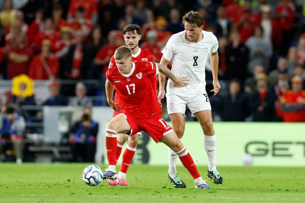 Cardiff, Wales, 1st October 2026. Jordan James of Wales and Sander Berge of Norway during the Wales vs Norway UEFA Nations League match at the Cardiff City Stadium, Cardiff. Picture credit should read: Cody Froggatt Sportimage EDITORIAL USE ONLY. No use with unauthorised audio, video, data, fixture lists, club league logos or live services. Online in-match use limited to 120 images, no video emulation. No use in betting, games or single club league player publications. SPI_089_CF_WALES_NORWAY SPI-5050-0089