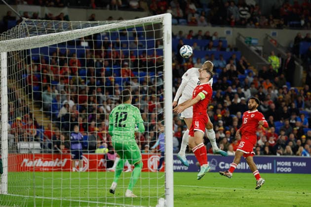 Cardiff, Wales, 1st October 2026. Erling Haaland of Norway heads this chance over the bar during the Wales vs Norway UEFA Nations League match at the Cardiff City Stadium, Cardiff. Picture credit should read: Cody Froggatt Sportimage EDITORIAL USE ONLY. No use with unauthorised audio, video, data, fixture lists, club league logos or live services. Online in-match use limited to 120 images, no video emulation. No use in betting, games or single club league player publications. SPI_090_CF_WALES_NORWAY SPI-5050-0090