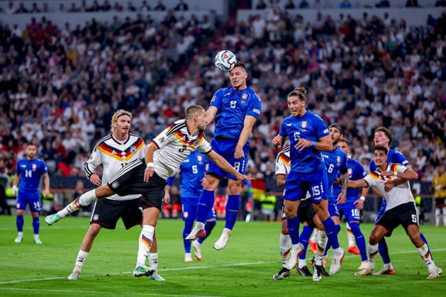 October 1, 2026, Soccer, International Match, Germany vs. Serbia, UEFA Nations League 2026–2027, Matchday 3, Allianz Arena, Munich, 2026–27 season. Action in the penalty area: Waldemar Anton (GER 3) in a one-on-one duel against Luka Jovic (SER 8). DFB regulations prohibit any use of photographs as image sequences and or quasi-video. Bayern Munich, Germany
