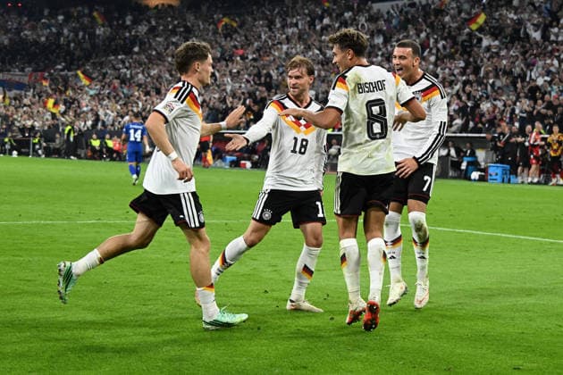 October 1, 2026, xsltx, Soccer UEFA Nations League, Germany vs. Serbia, goal celebration after Florian Wirtz scored the 2-0 goal, German National Soccer Team (DFB), Munich