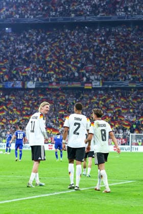 October 1, 2026, GER, Soccer, Men s, UEFA Nations League International Match, League A, Matchday 3, Germany vs. Serbia: Nick Woltemade (Germany 11), Malick Thiaw (Germany 2), and Tom Bischof (Germany 8). DFB and DFL regulations prohibit any use of photographs as image sequences and or quasi-video. Munich, Allianz Arena, Bavaria, Germany Copyright: xNordphoto Schneiderx