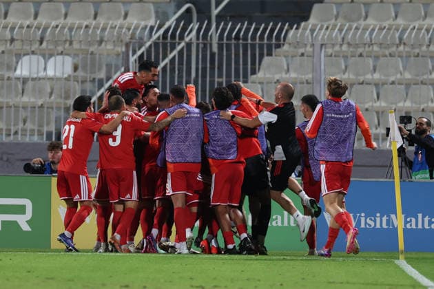 Malta players celebrate scoring the 1-0 goal during the UEFA Nations League, League D, Group D1 match between Malta and Gibraltar at the National Stadium, in Ta Qali, Malta, on 01 October, 2026. UEFA Nations League, League D, Group D1 Qualifying; UEFA Nations League;