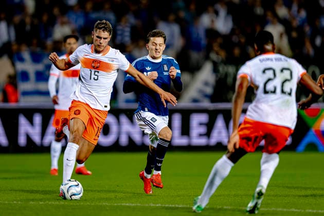 THESSALONIKI: Netherlands defender Micky van de Ven during the UEFA Nations League match between Greece and the Netherlands at Toumba Stadium on October 1, 2026, in Thessaloniki, Greece. Photo by DeFodi Images